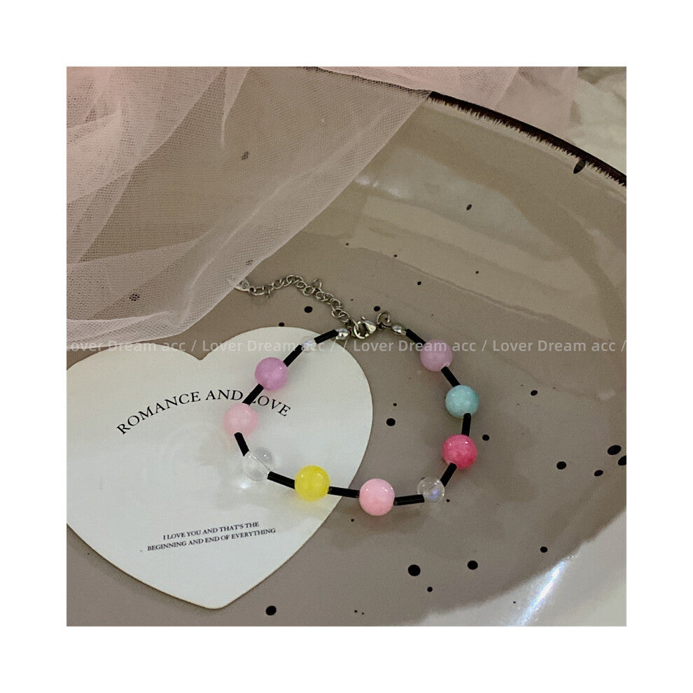 (Black tube bracelet with colorful round beads) New Xiaoduo Duodopamine colored beaded necklace sweet and cute girl clavicle chain candy color necklac