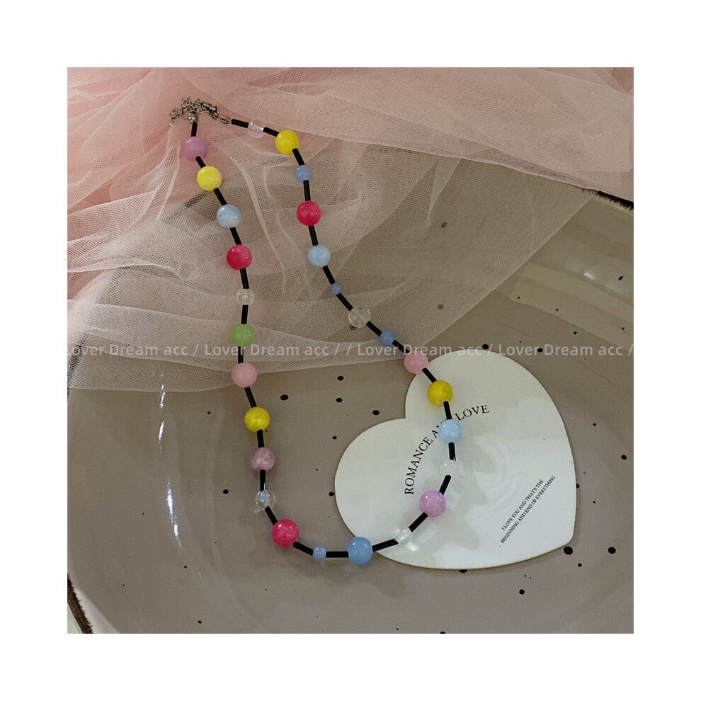 (Black tube necklace with colorful round beads) New Xiaoduo Duodopamine colored beaded necklace sweet and cute girl clavicle chain candy color necklac