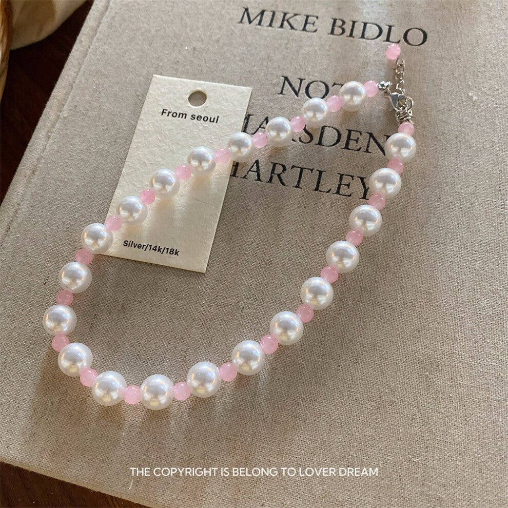 (Pink Pearl Beaded Necklace) Spring and summer colorful beaded necklace splicing the same style fashion big pearl clavicle chain net celebrity accesso