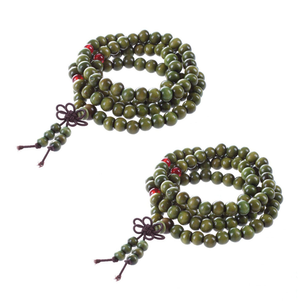 Olive Green Sandalwood Beads Buddha Stretch Necklace Rosary 29"