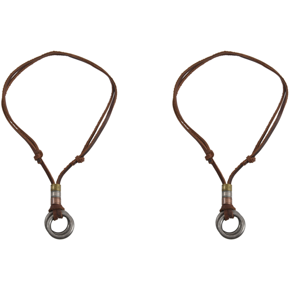 Men Retro Leather Cord Necklace Ring Pendant
