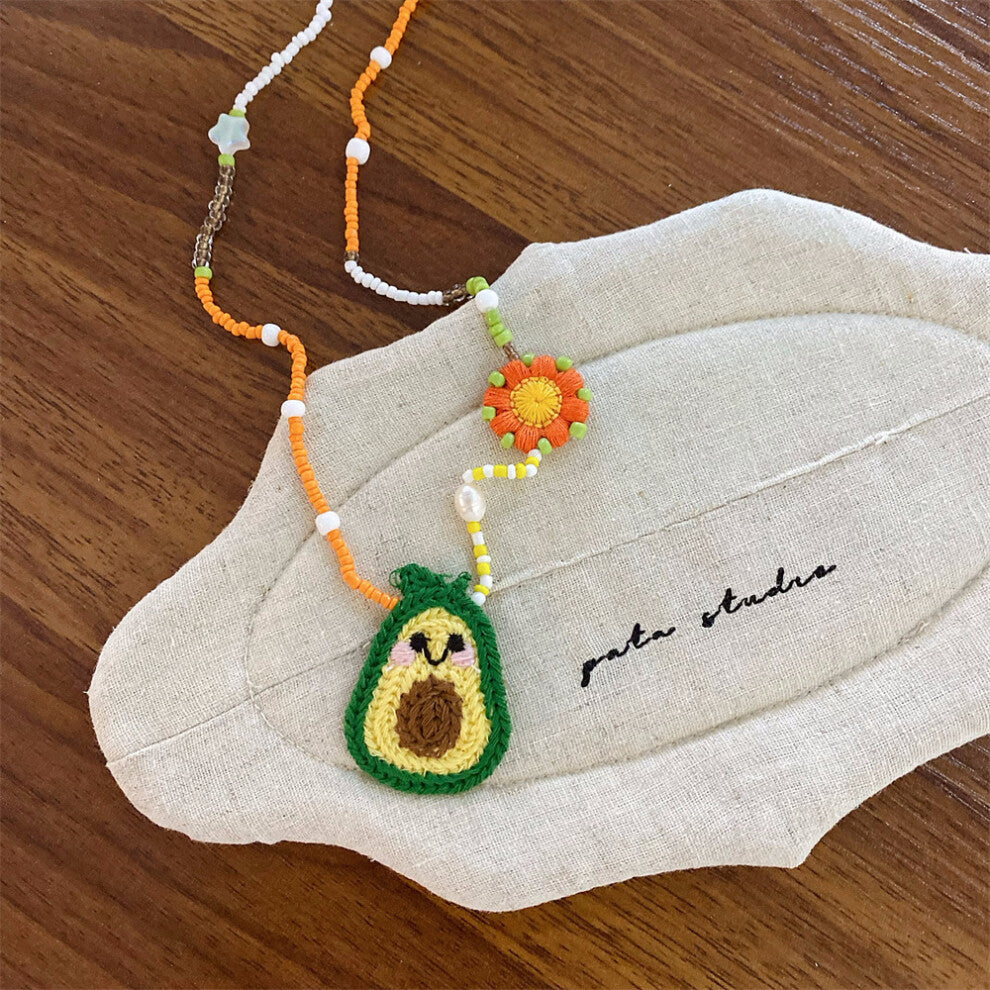 (Avocado Flower Orange and White Beaded Necklace) New imitation pearl silver bow necklace fashionable niche design clavicle chain versatile necklace