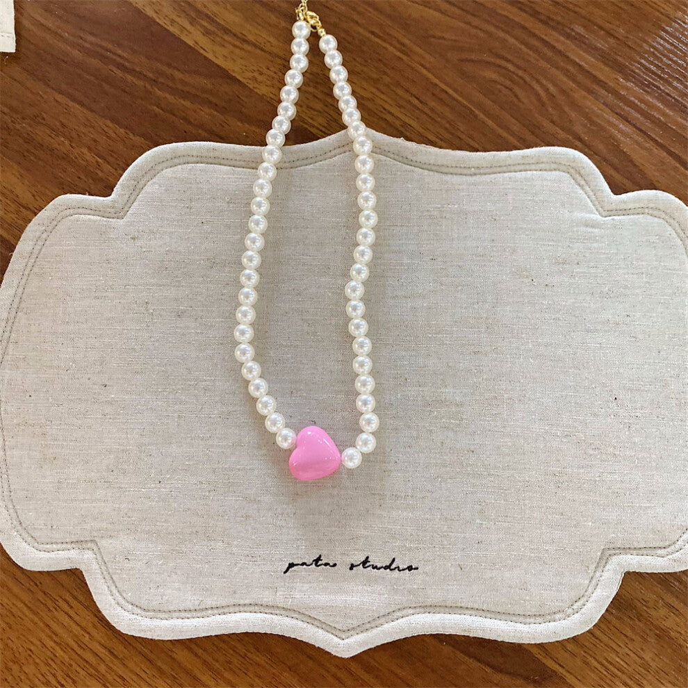 (Pink Heart Imitation Pearl Necklace) New imitation pearl silver bow necklace fashionable niche design clavicle chain versatile necklace