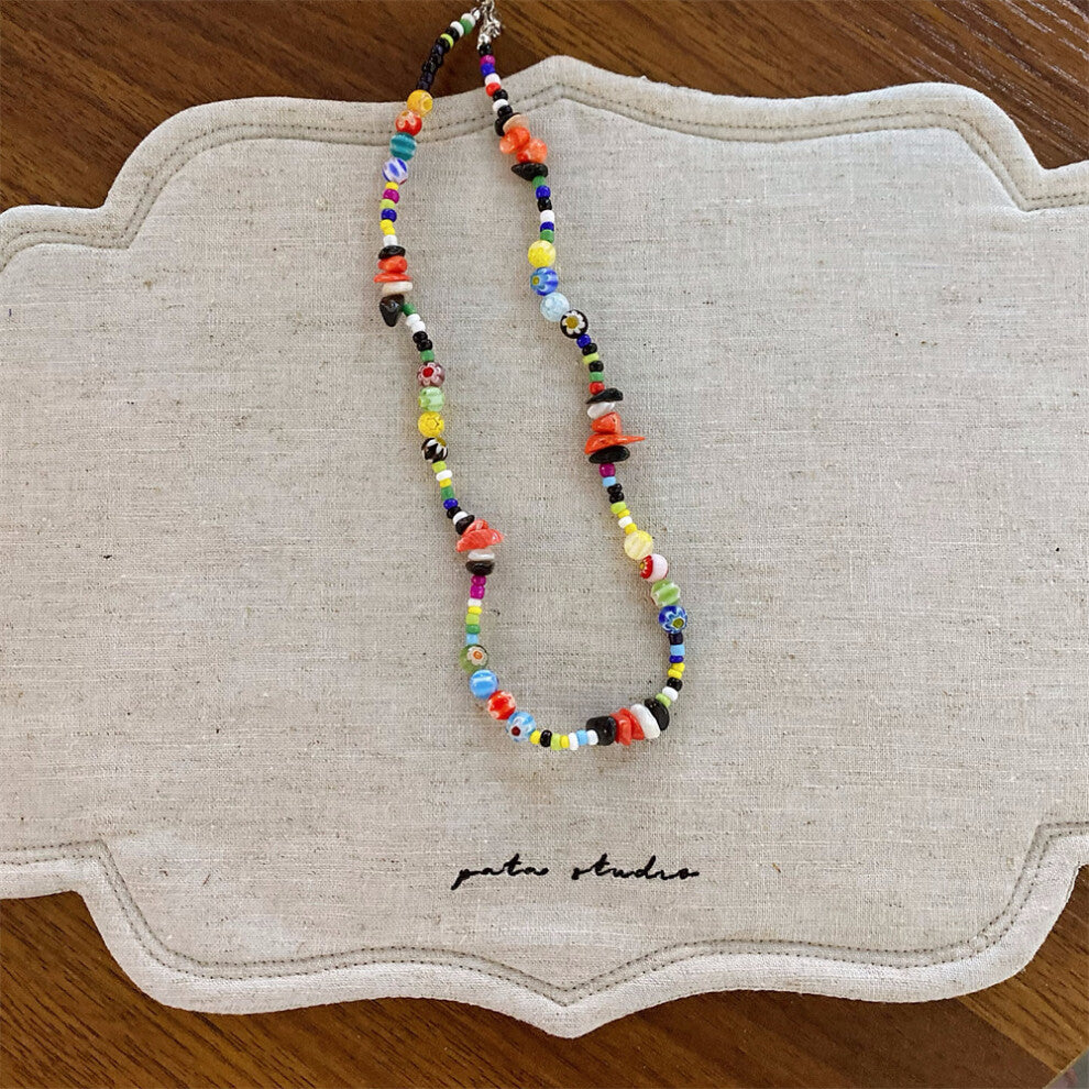 (Colorful round bead flower irregular stone bead necklace) New imitation pearl silver bow necklace fashionable niche design clavicle chain versatile n