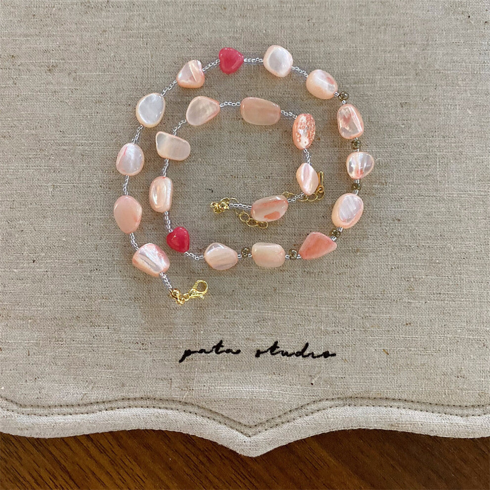 (Pink irregular shell bead necklace) New imitation pearl silver bow necklace fashionable niche design clavicle chain versatile necklace