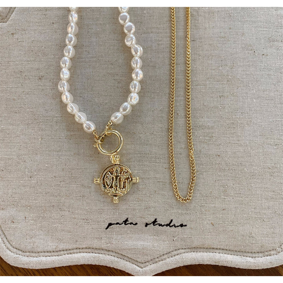 (Gold Double Round Pearl Necklace) New imitation pearl silver bow necklace fashionable niche design clavicle chain versatile necklace