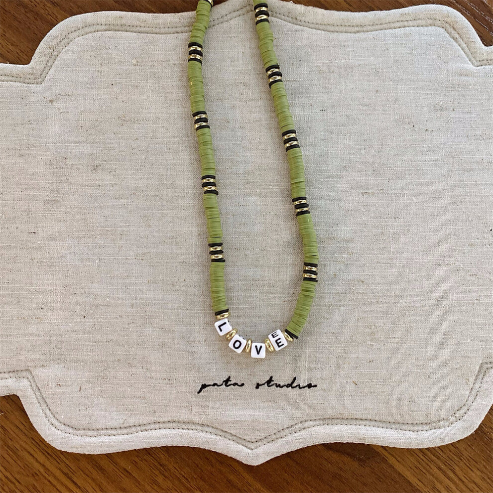 (Green disc necklace with square letters) New yellow-green heart beaded necklace fashionable niche design clavicle chain versatile necklace for women