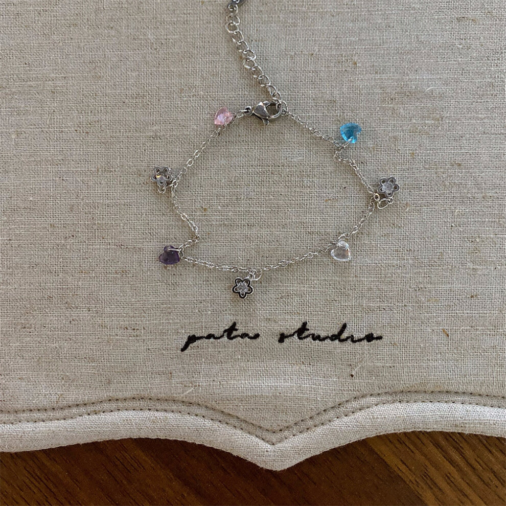 (Flower Heart Rhinestone Silver Bracelet) New dopamine colored stone beaded necklace fashionable niche design clavicle chain versatile necklace