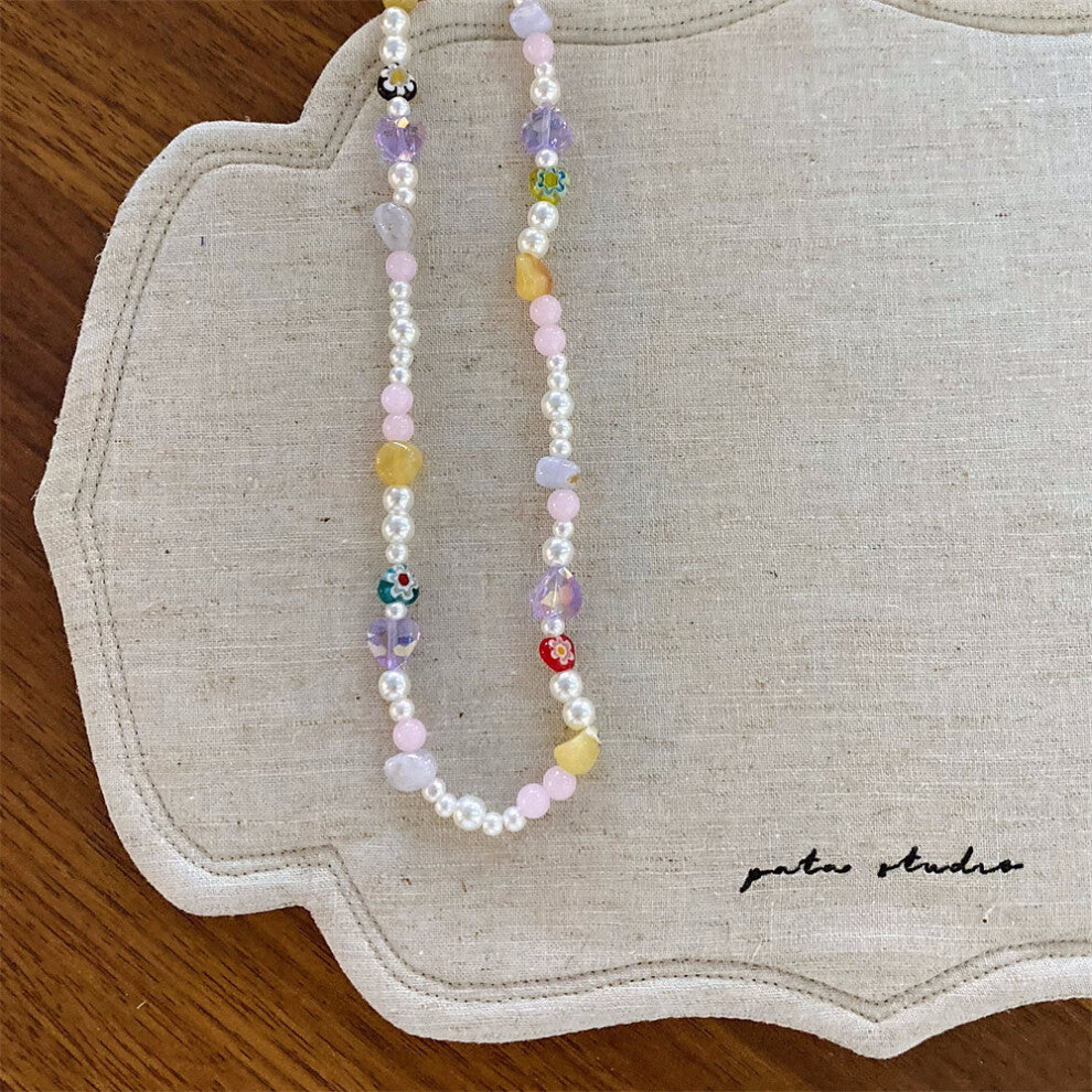 (Purple Heart Stone Pearl Beaded Necklace) New ribbon bow imitation pearl necklace fashionable niche design clavicle chain versatile necklace