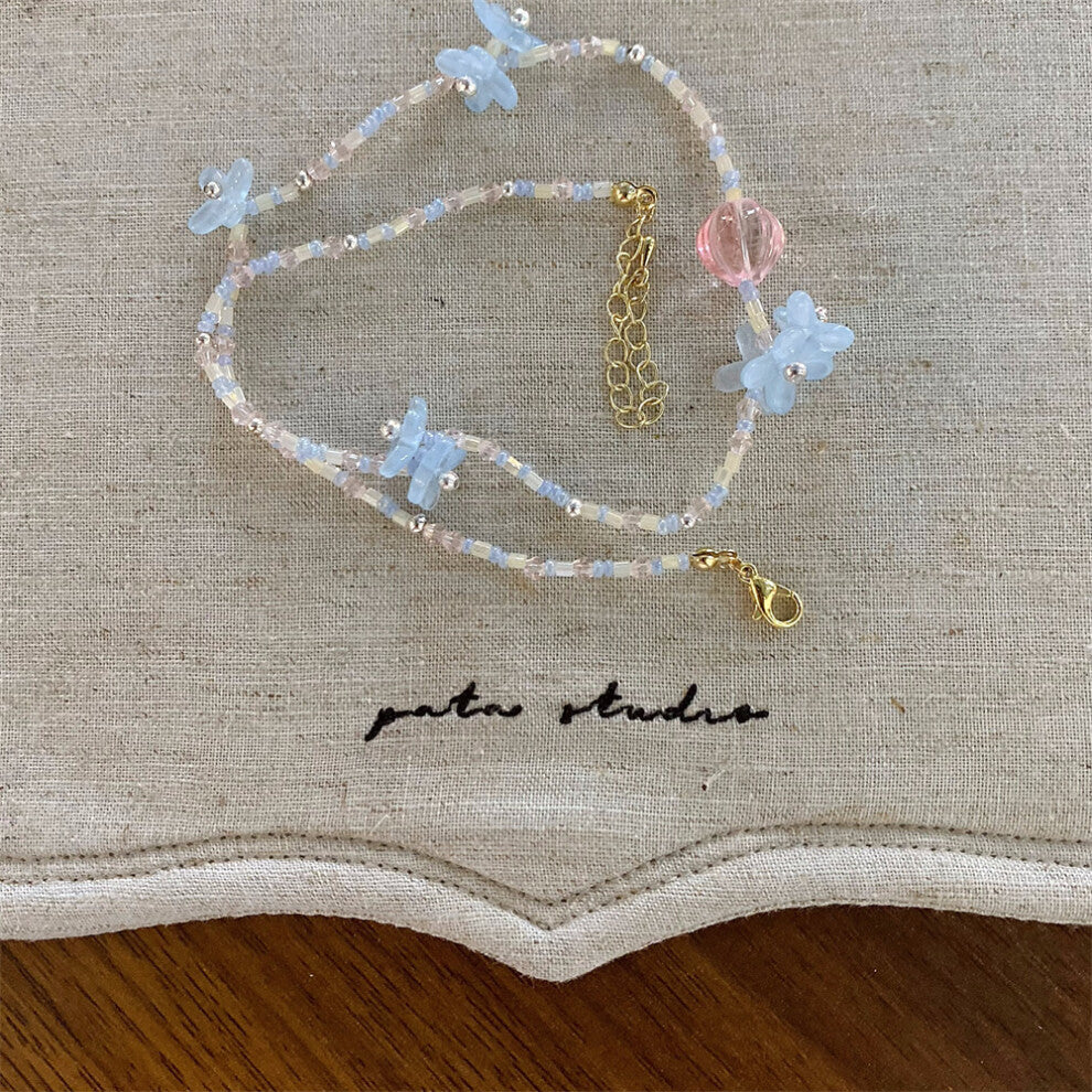 (Blue Flower Beaded Necklace) New ribbon bow imitation pearl necklace fashionable niche design clavicle chain versatile necklace