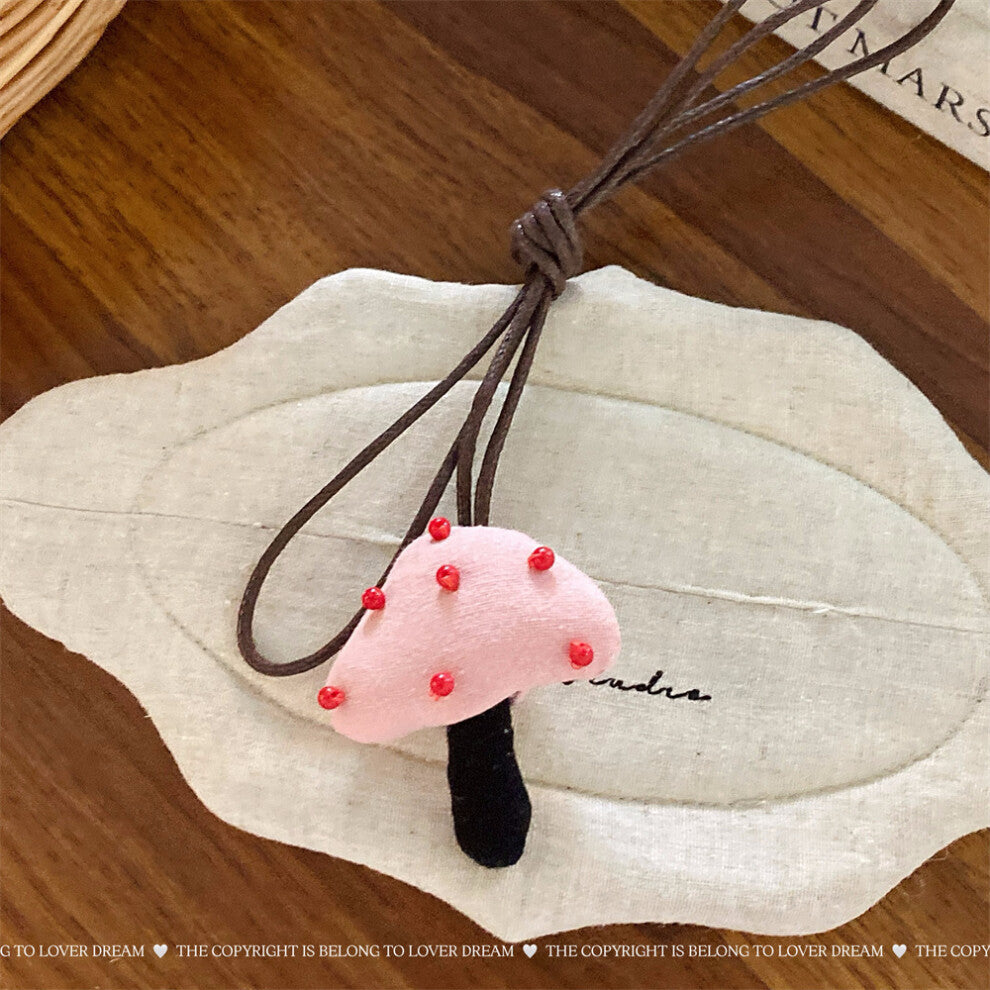 (Pink Mushroom Leather Cord Necklace) New Maillard coffee color cotton-filled bow leather rope necklace cute adjustable lanyard necklace for women