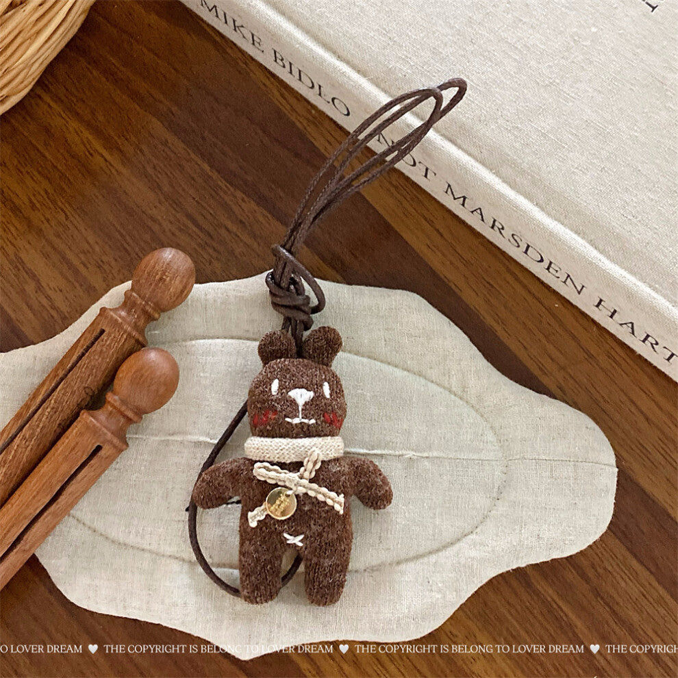 (Brown scarf bear and rabbit leather string necklace) New Maillard coffee color cotton-filled bow leather rope necklace cute adjustable lanyard neckla