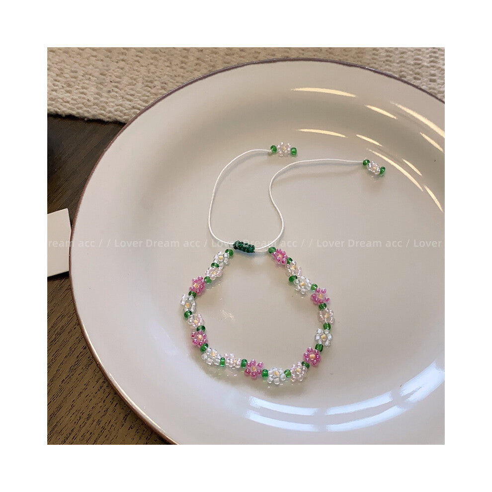 (Colorful flower beaded bracelet) Korean style bow pendant pink flower beaded necklace sweet and cute versatile neck chain fashionable commuter neckla