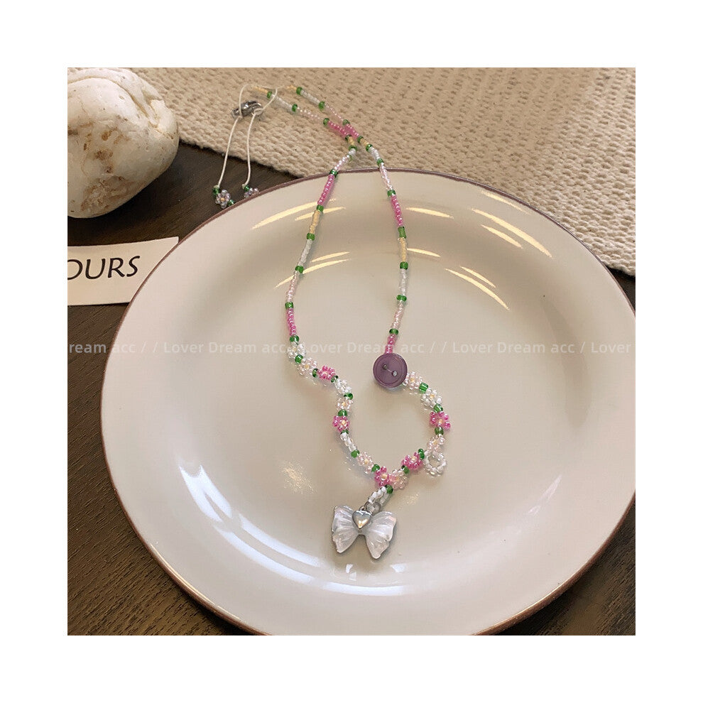 (White Bow Colorful Flower Beaded Necklace) Korean style bow pendant pink flower beaded necklace sweet and cute versatile neck chain fashionable commu