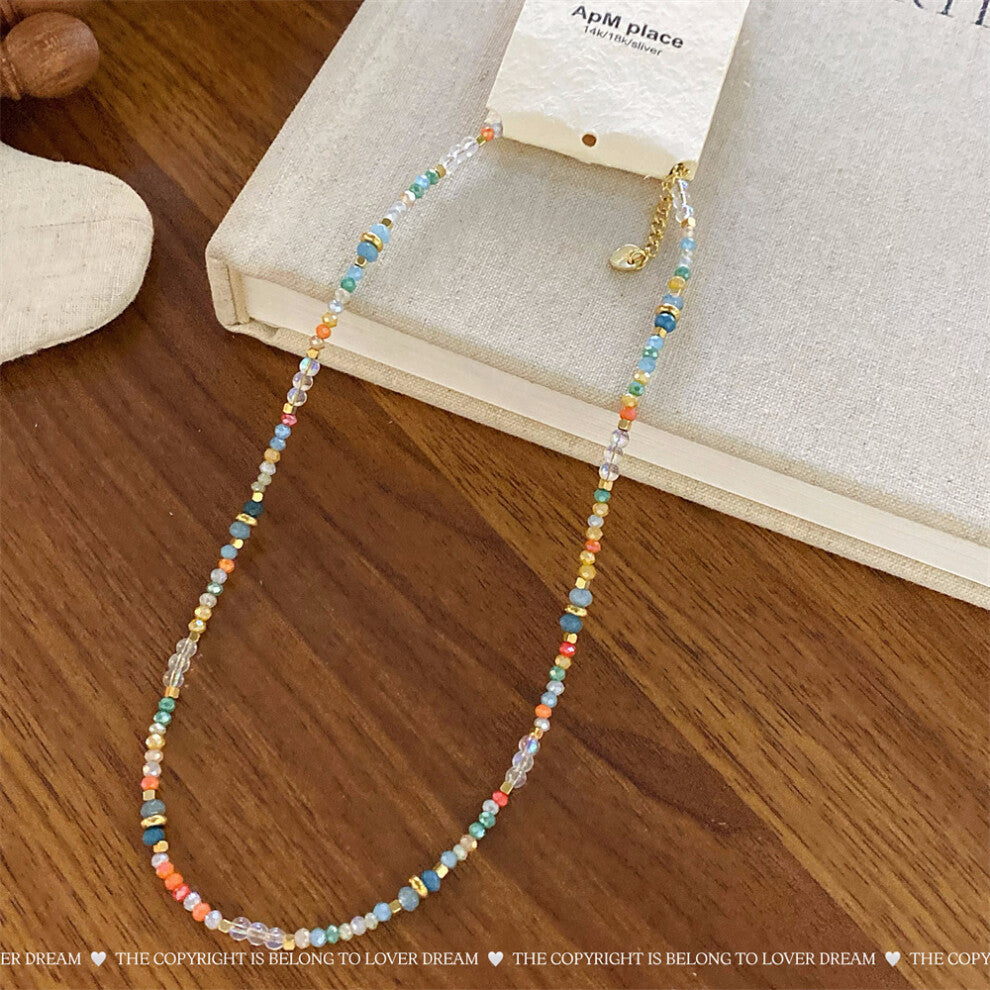 (Colorful crystal clear beaded necklace) New French texture stone crystal pearl necklace sweet high-end clavicle chain niche necklace for women