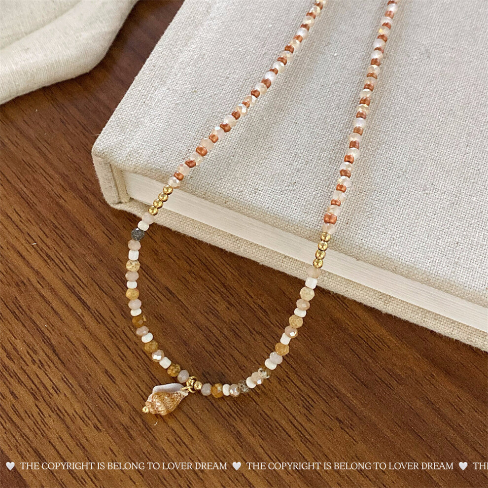 (Small Shell Champagne Crystal Beaded Necklace) New French texture stone crystal pearl necklace sweet high-end clavicle chain niche necklace for women