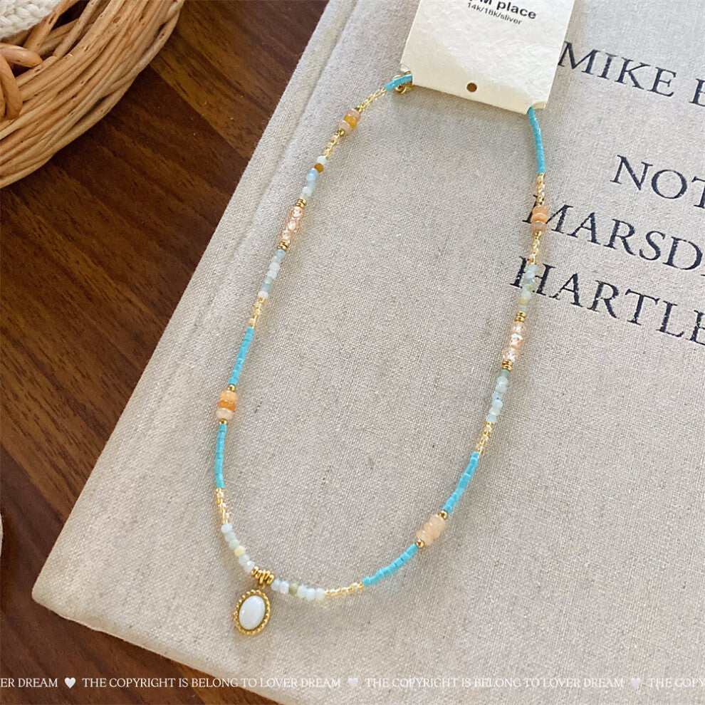 (Blue Oval Stone Beaded Necklace) New French texture stone crystal pearl necklace sweet high-end clavicle chain niche necklace for women