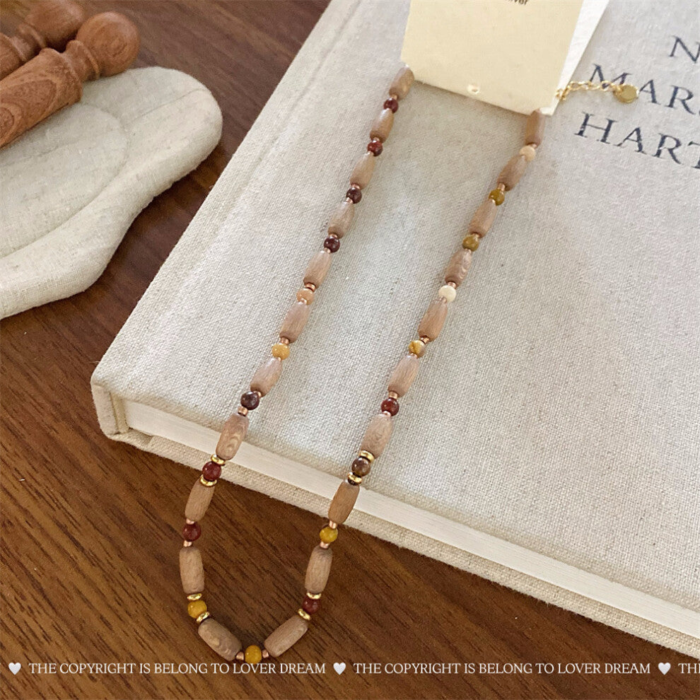 (Brown Geometric Wood Bead Necklace) New French texture stone crystal pearl necklace sweet high-end clavicle chain niche necklace for women
