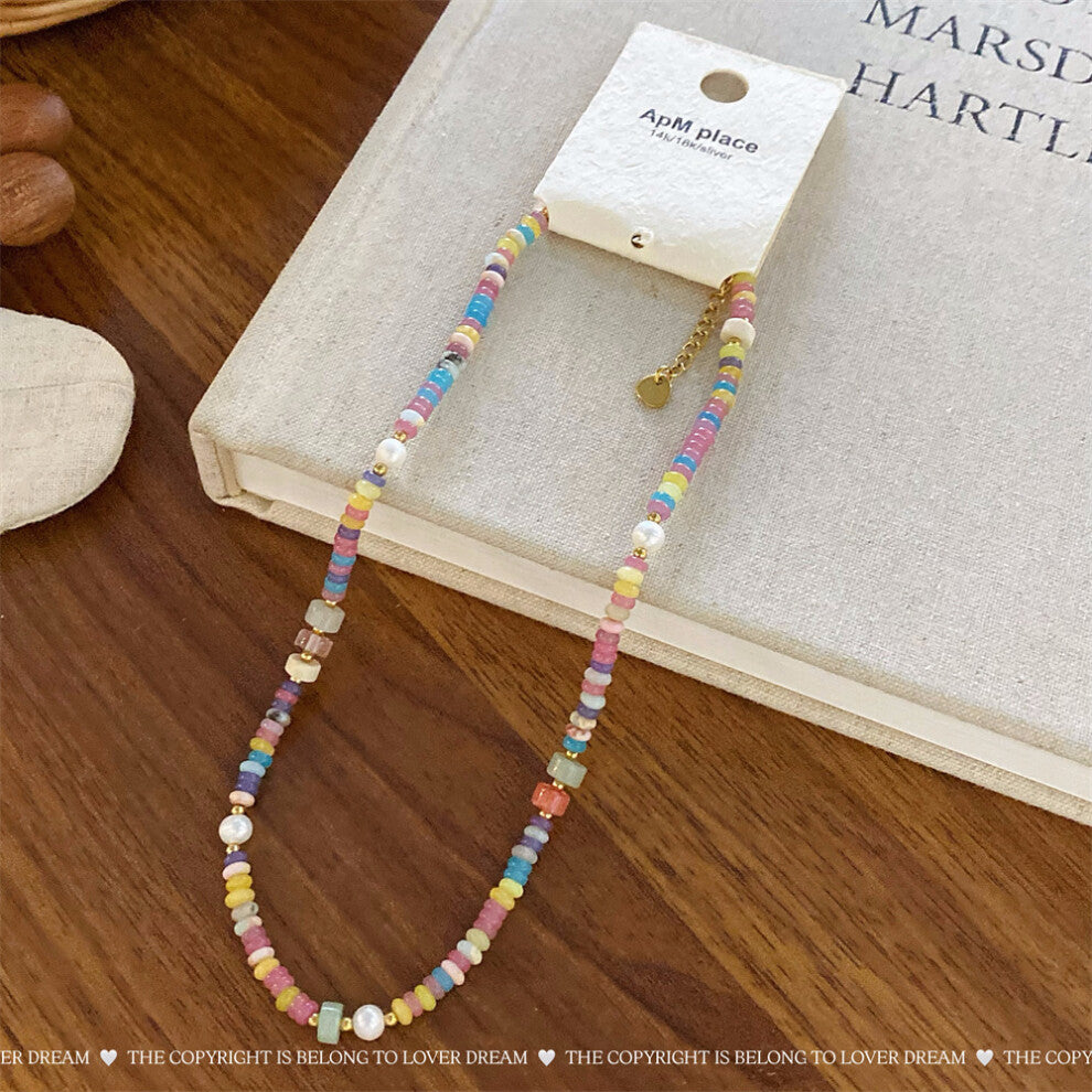 (Pearl pink and purple beaded necklace) New French texture stone crystal pearl necklace sweet high-end clavicle chain niche necklace for women