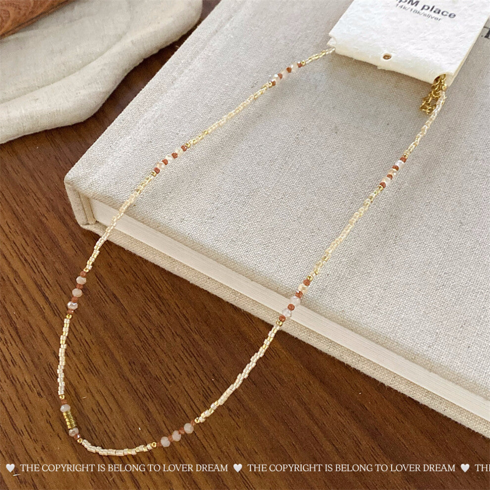 (Champagne crystal rice bead and gold disc necklace) New French texture stone crystal pearl necklace sweet high-end clavicle chain niche necklace for