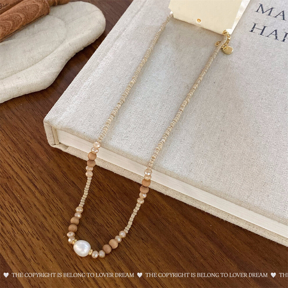 (1 pearl wooden bead necklace) New French texture stone crystal pearl necklace sweet high-end clavicle chain niche necklace for women