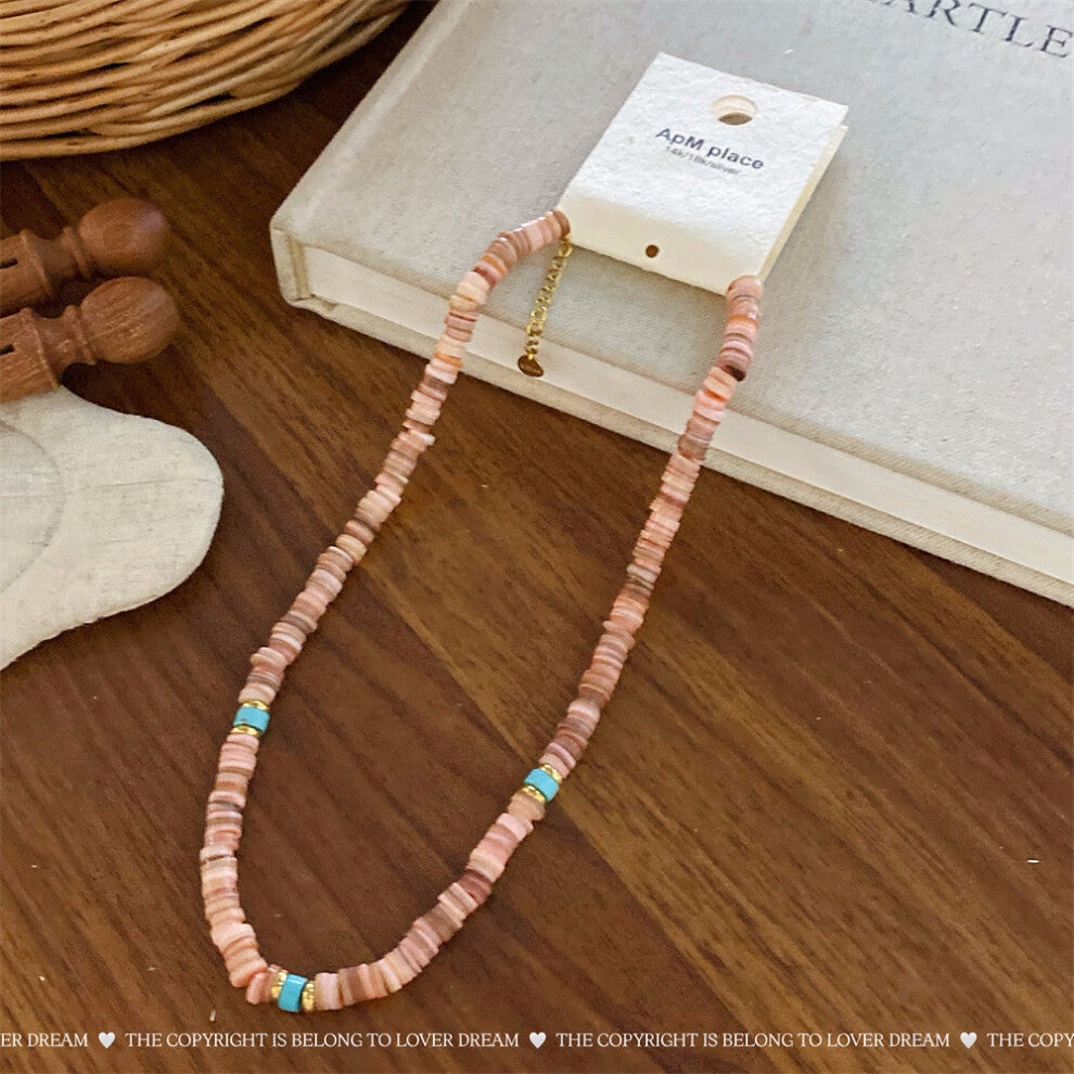 (Brown Shell Disc Bead Necklace) New French texture stone crystal pearl necklace sweet high-end clavicle chain niche necklace for women