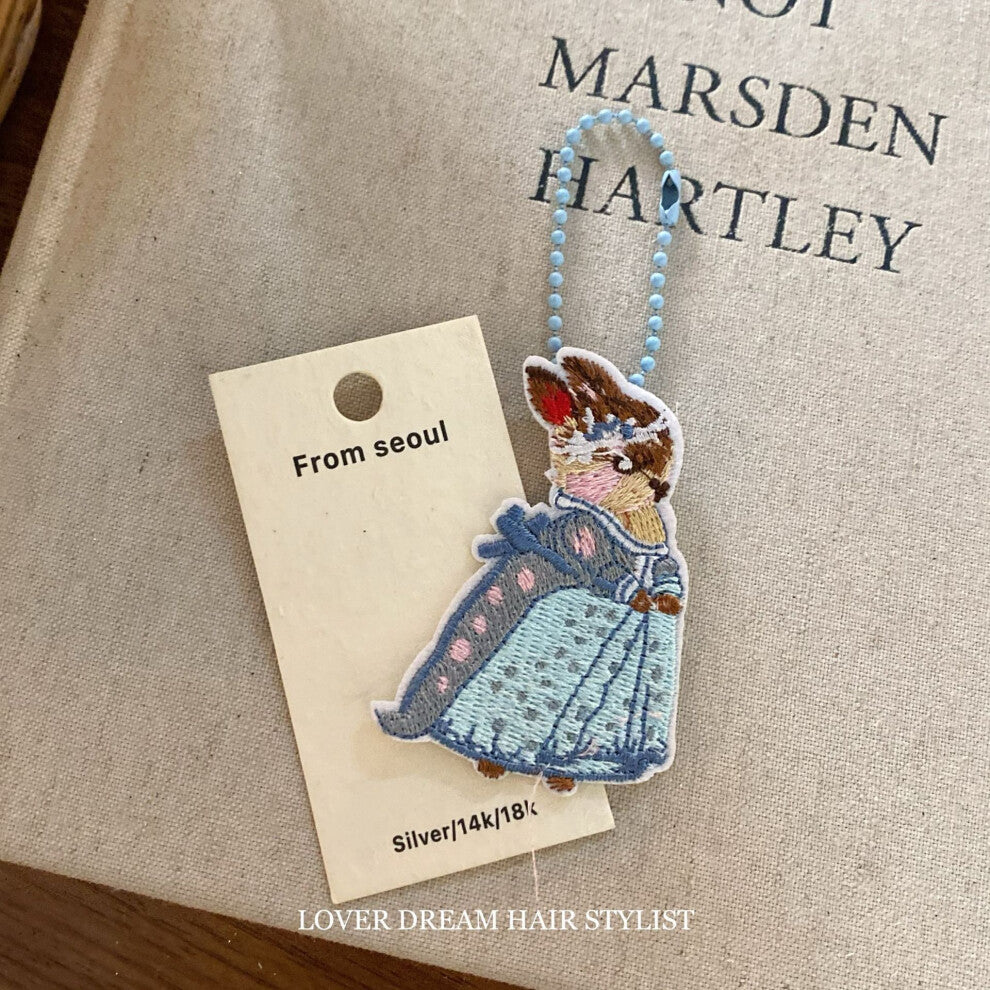 (Blue skirt bunny blue bead necklace) New colorful bow bear rabbit princess keychain sweet and cute bead chain bag pendant for women