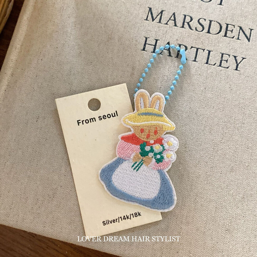 (Straw Hat Rabbit Blue Bead Necklace) New colorful bow bear rabbit princess keychain sweet and cute bead chain bag pendant for women