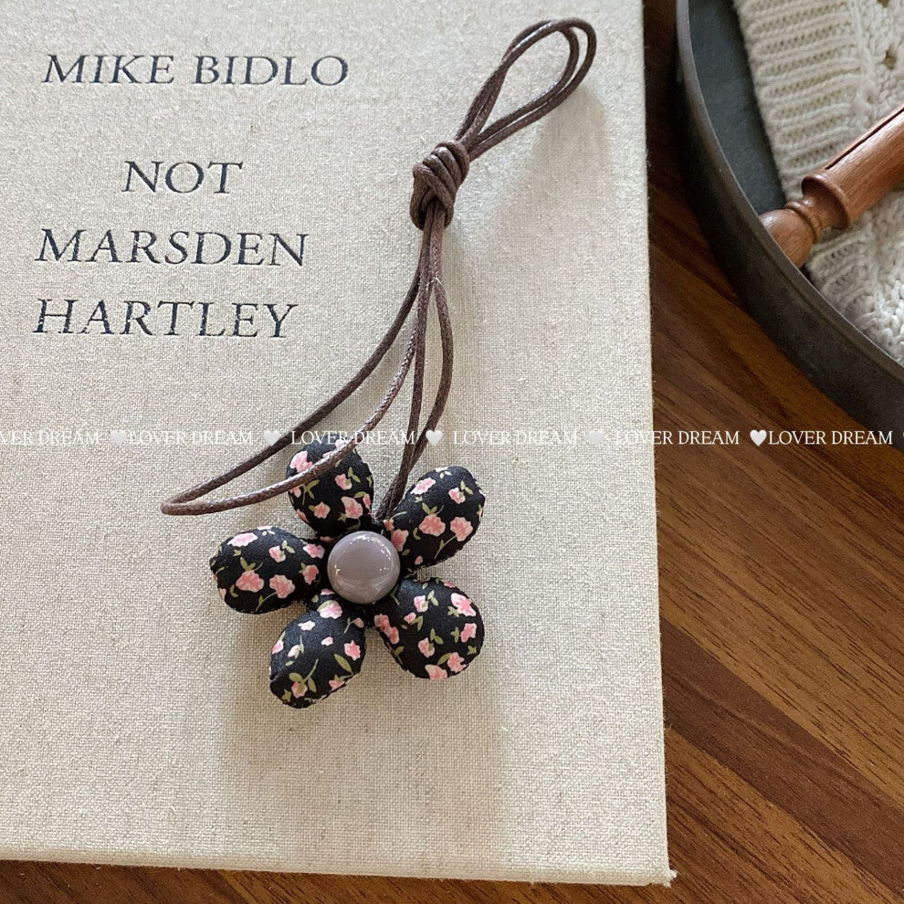 (Black Floral Flower Faux Leather Necklace) New plaid floral cotton-filled heart flower necklace cute adjustable leather rope collar children's neckla