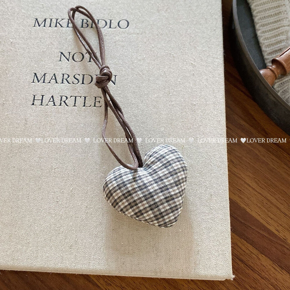 (Black Plaid Heart Faux Leather Necklace) New plaid floral cotton-filled heart flower necklace cute adjustable leather rope collar children's necklace