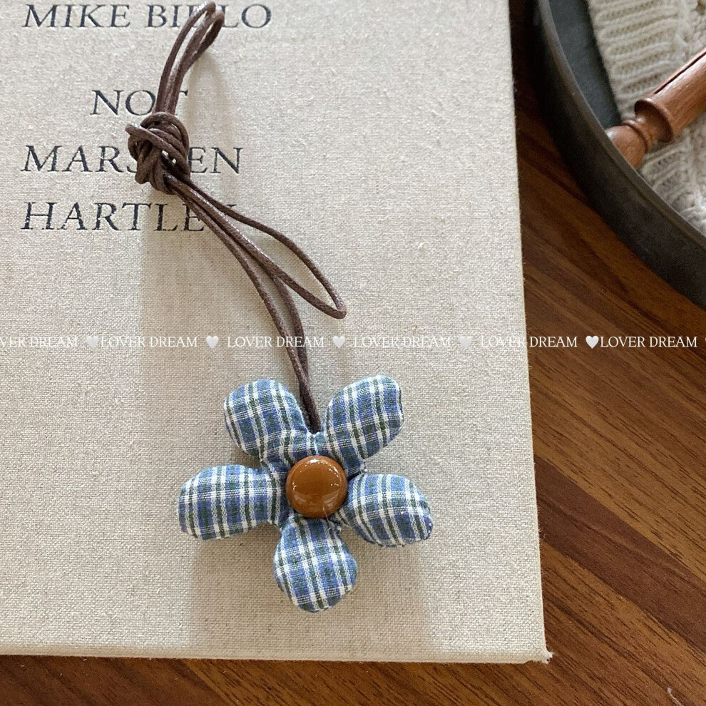 (Blue Plaid Flower Faux Leather Necklace) New plaid floral cotton-filled heart flower necklace cute adjustable leather rope collar children's necklace