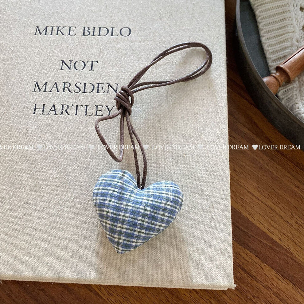 (Blue Plaid Heart Faux Leather Necklace) New plaid floral cotton-filled heart flower necklace cute adjustable leather rope collar children's necklace