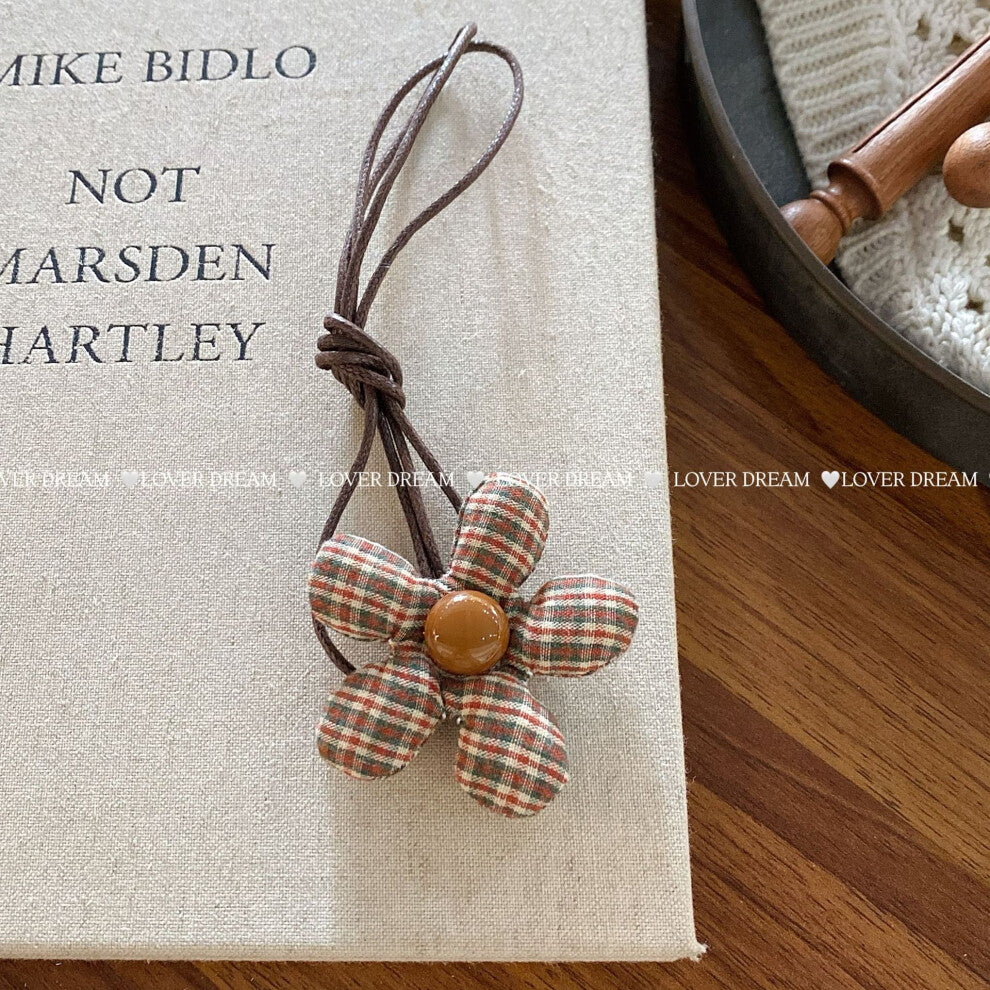 (Dark Red Plaid Flower Faux Leather Necklace) New plaid floral cotton-filled heart flower necklace cute adjustable leather rope collar children's neck