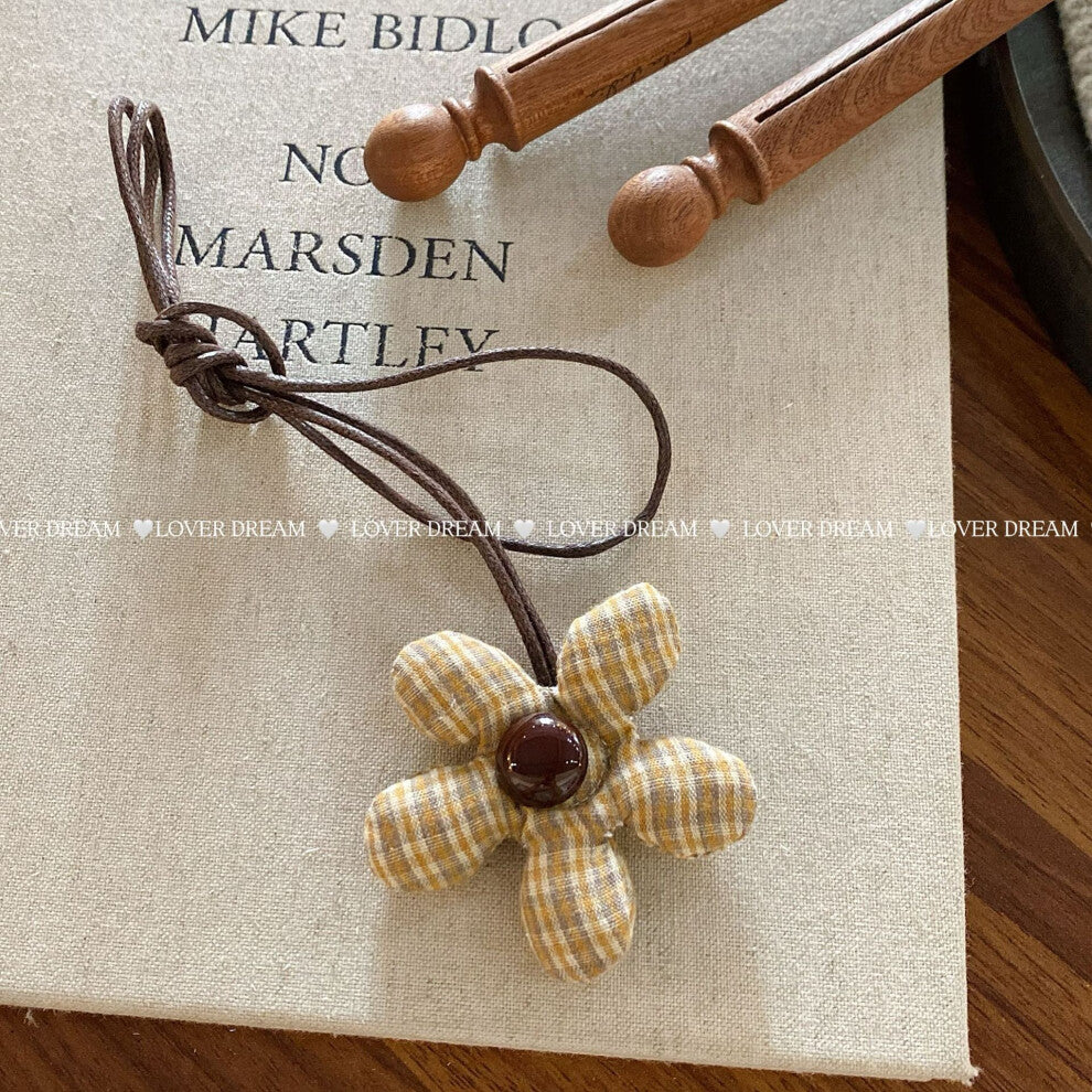 (Caramel Check Floral Faux Leather Necklace) New plaid floral cotton-filled heart flower necklace cute adjustable leather rope collar children's neckl