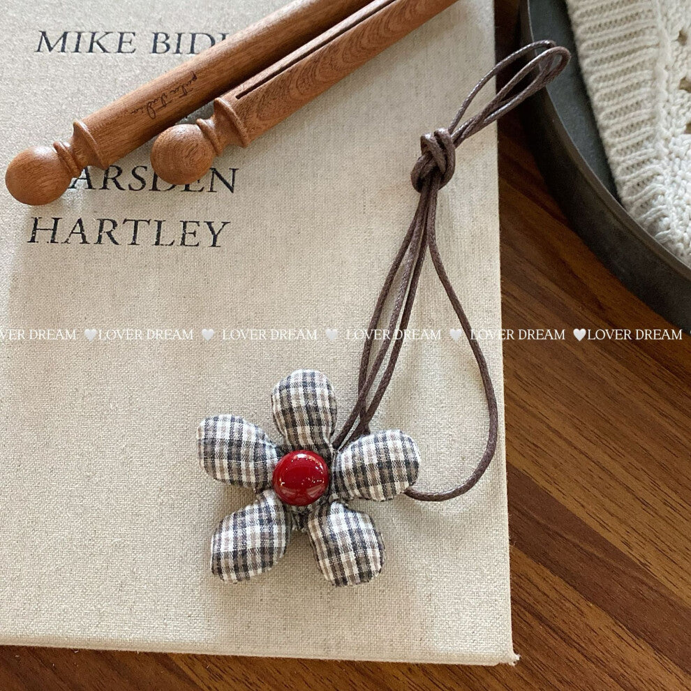 (Black Plaid Flower Faux Leather Necklace) New plaid floral cotton-filled heart flower necklace cute adjustable leather rope collar children's necklac