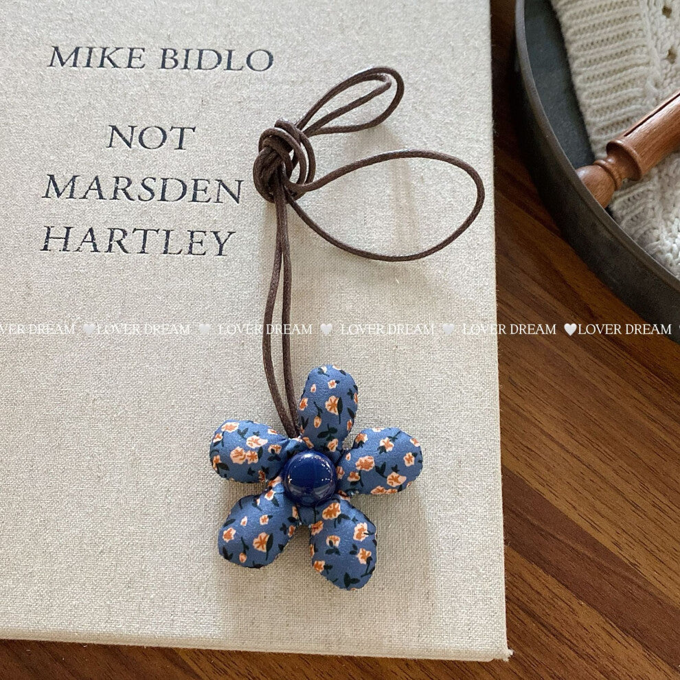 (Blue Floral Flower Faux Leather Necklace) New plaid floral cotton-filled heart flower necklace cute adjustable leather rope collar children's necklac