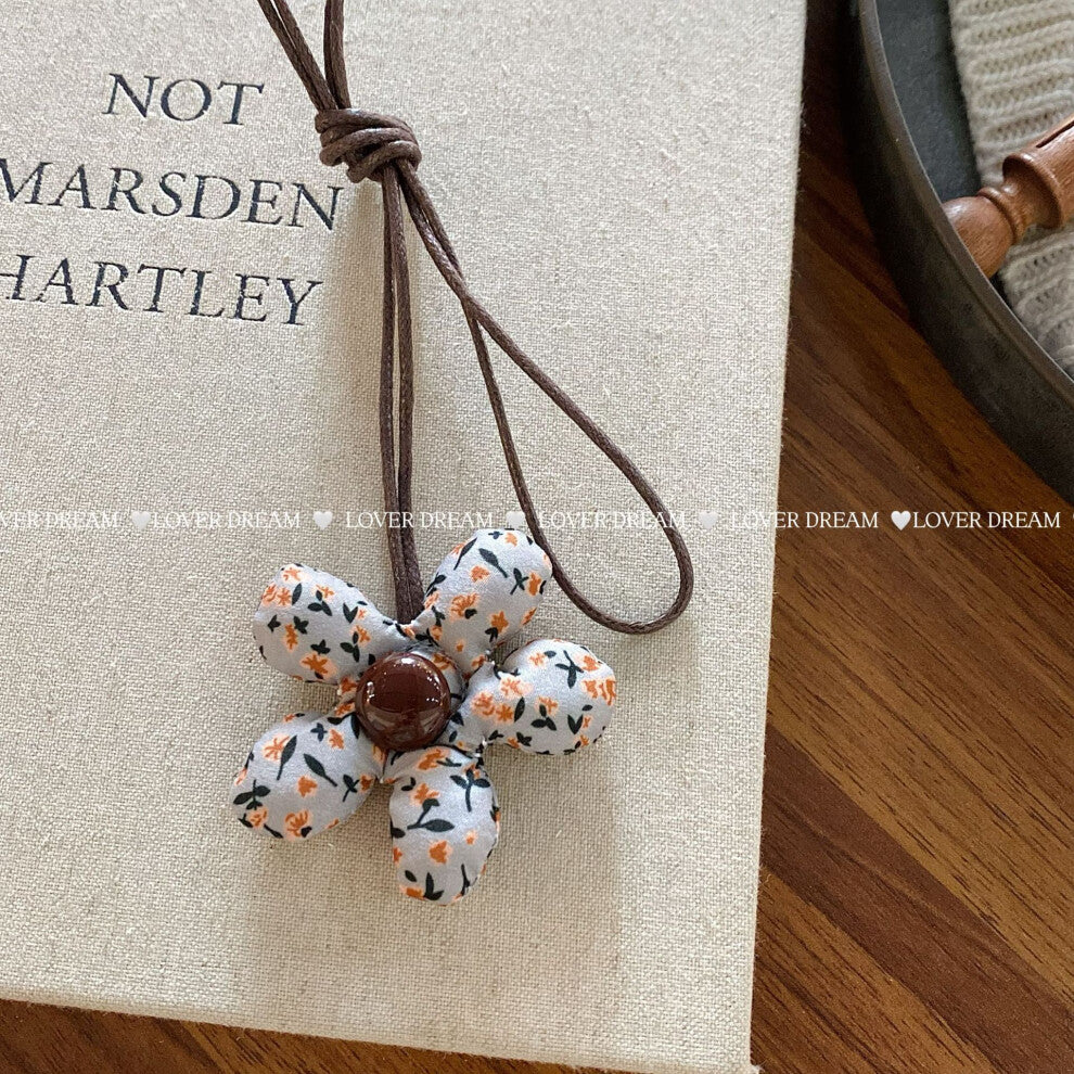 (Grey Floral Flower Faux Leather Necklace) New plaid floral cotton-filled heart flower necklace cute adjustable leather rope collar children's necklac