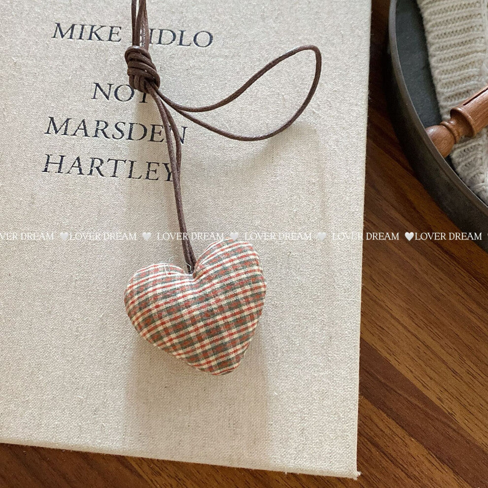 (Dark Red Plaid Heart Imitation Leather Necklace) New plaid floral cotton-filled heart flower necklace cute adjustable leather rope collar children's