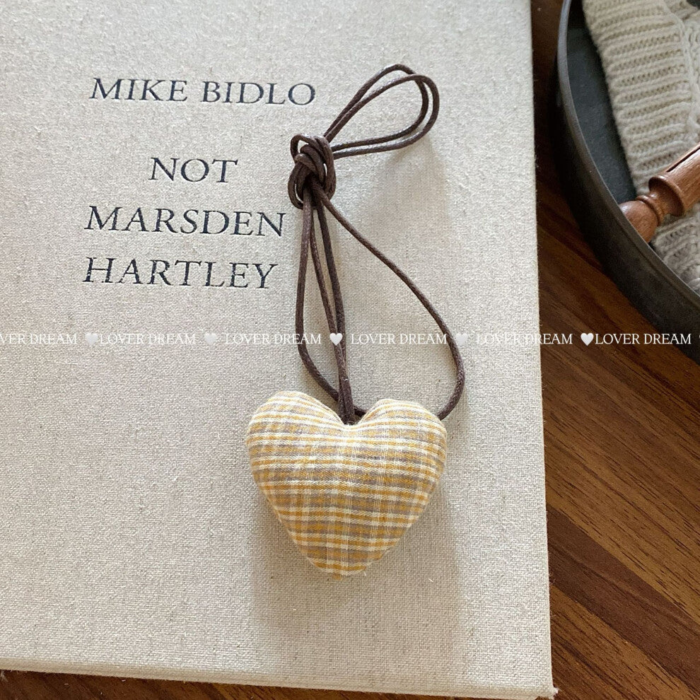 (Caramel Plaid Heart Faux Leather Necklace) New plaid floral cotton-filled heart flower necklace cute adjustable leather rope collar children's neckla