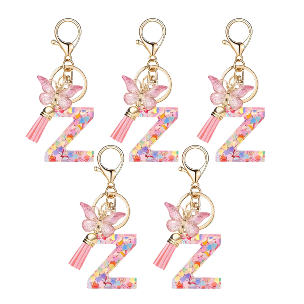 Z style letter pendant pink cute initial keychain butterfly