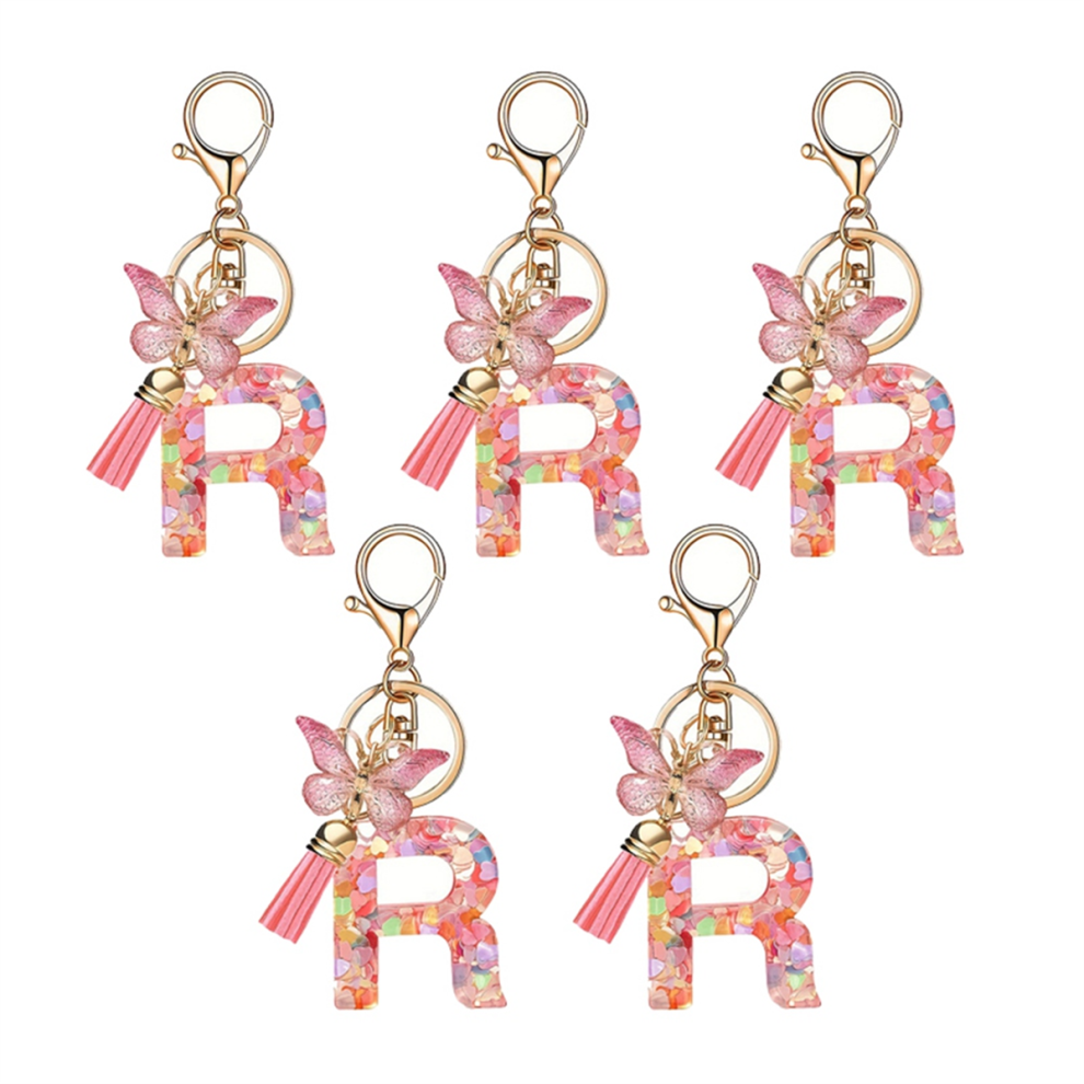 R type letter pendant pink cute initial keychain butterfly