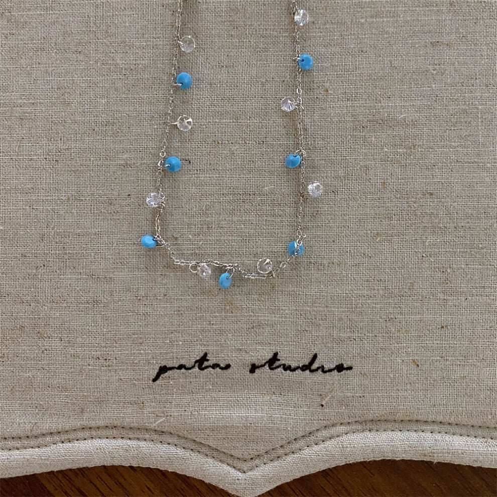 (Silver necklace with blue rhinestones) New pearl green crystal beaded necklace fashionable niche design clavicle chain versatile necklace