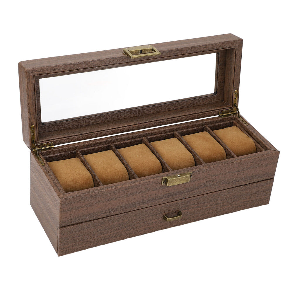 Vintage Grain PU Leather Watch Box with Double Layers, 6 Slots