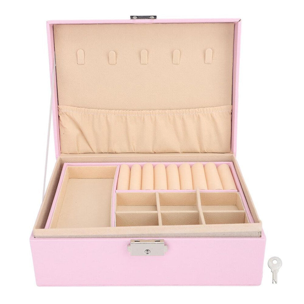 (pink) Double Layer Jewelry Box Soft Pu Leather Jewelry Storage Organizer With Lock For Necklace Bracelet