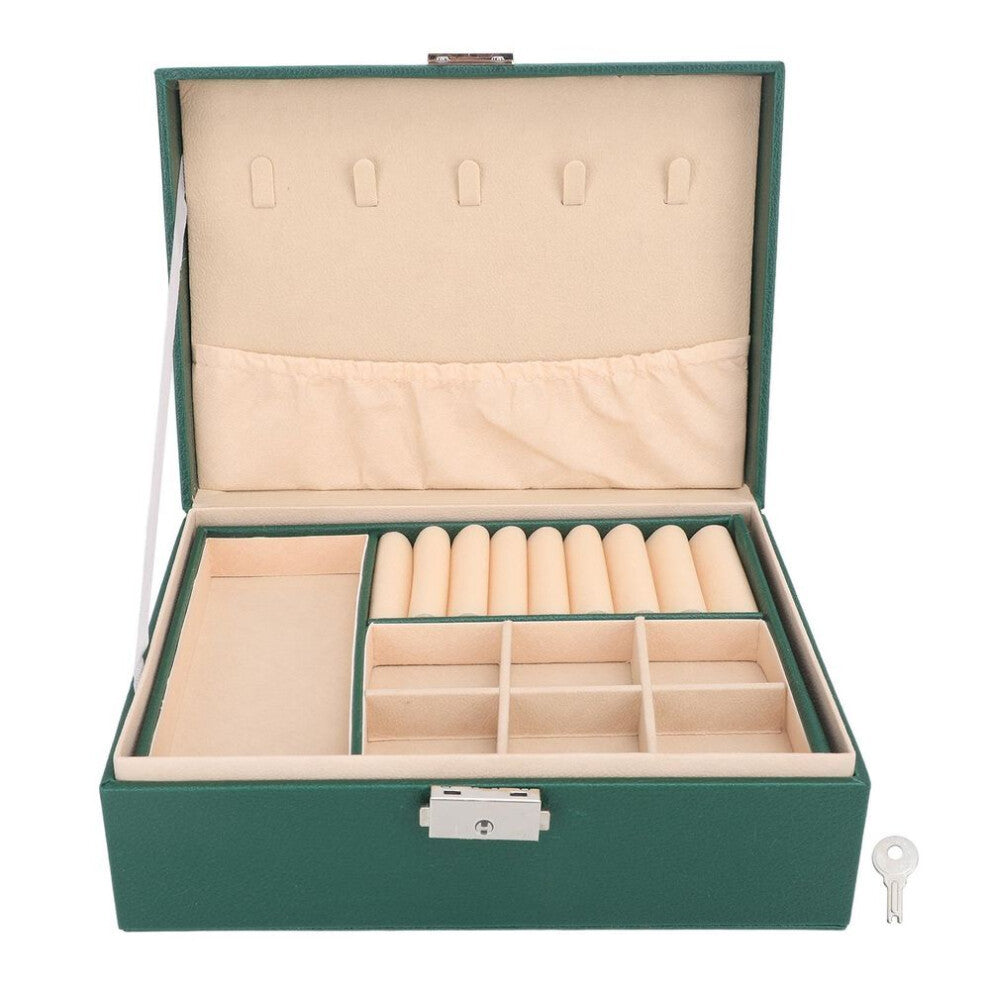 (dark green) Double Layer Jewelry Box Soft Pu Leather Jewelry Storage Organizer With Lock For Necklace Bracelet