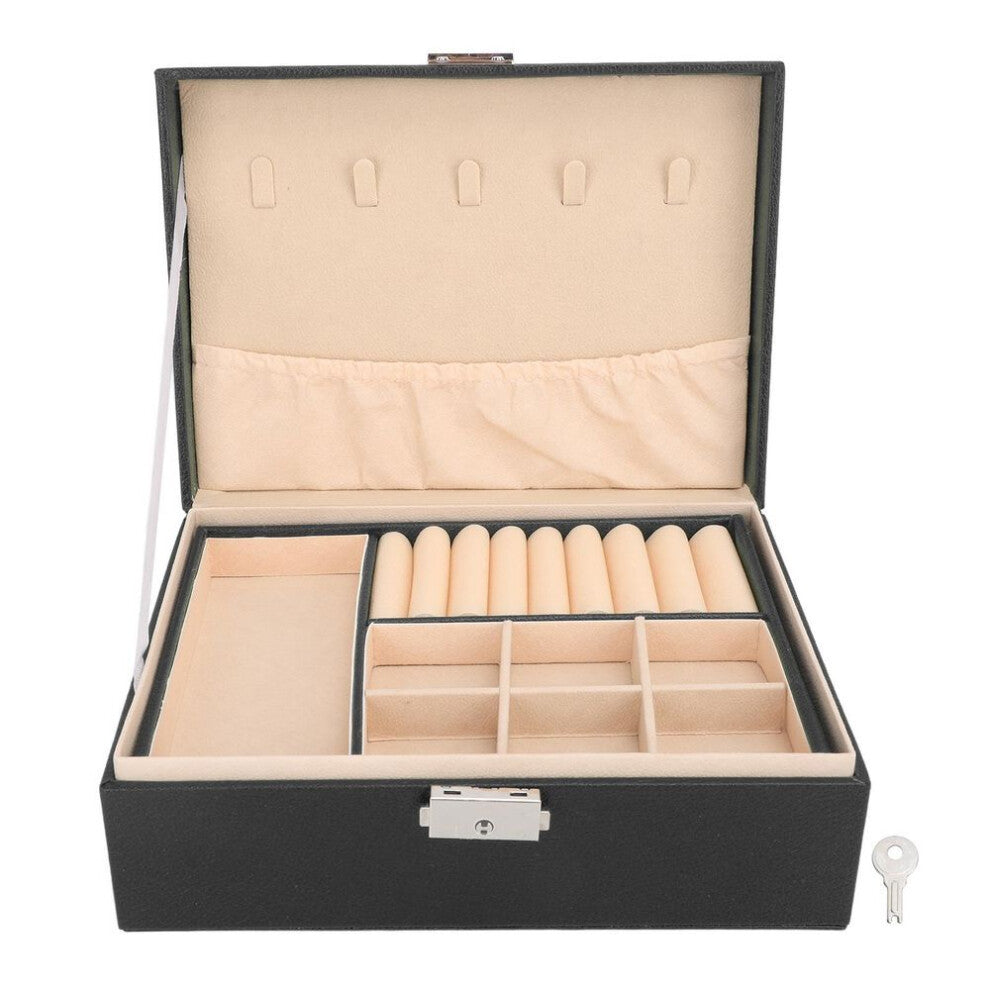 (black) Double Layer Jewelry Box Soft Pu Leather Jewelry Storage Organizer With Lock For Necklace Bracelet