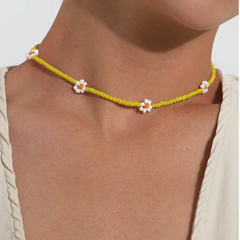 Elegant Adjustable Flower Beaded Necklace for Girls - Yellow One Size