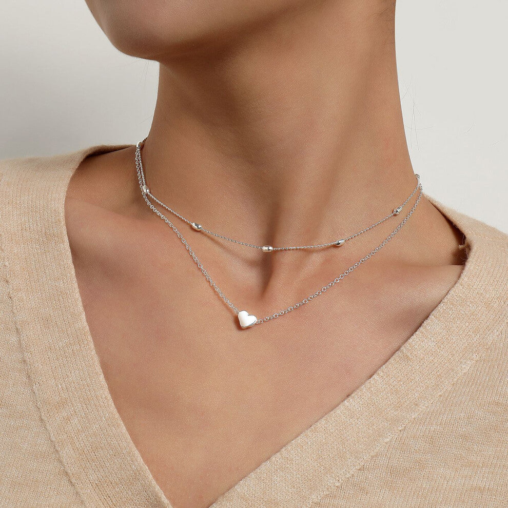 Elegant Peach Heart Layered Necklace Simple Double Chain Silver Tone