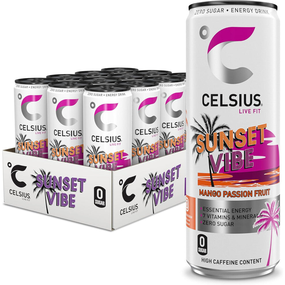 CELSIUS Sunset Vibe, Sparkling Energy Drink, 7 Vitamins, Caffeine, No Artificial Colours, Sugar Free Energy Drinks Mango Passionfruit, 355 mL, 12-Pck