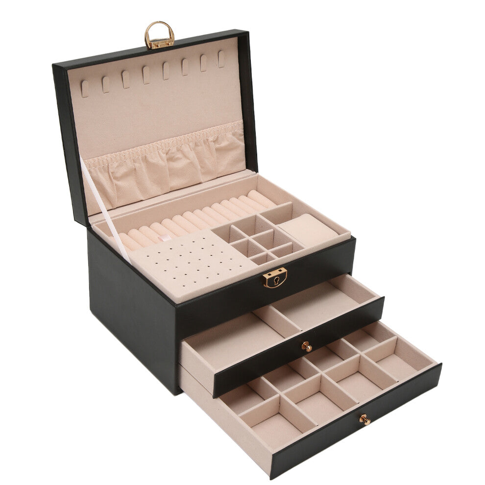 Black PU Leather Jewelry Box Organizer with 2 Drawers for Necklace & Bracelet